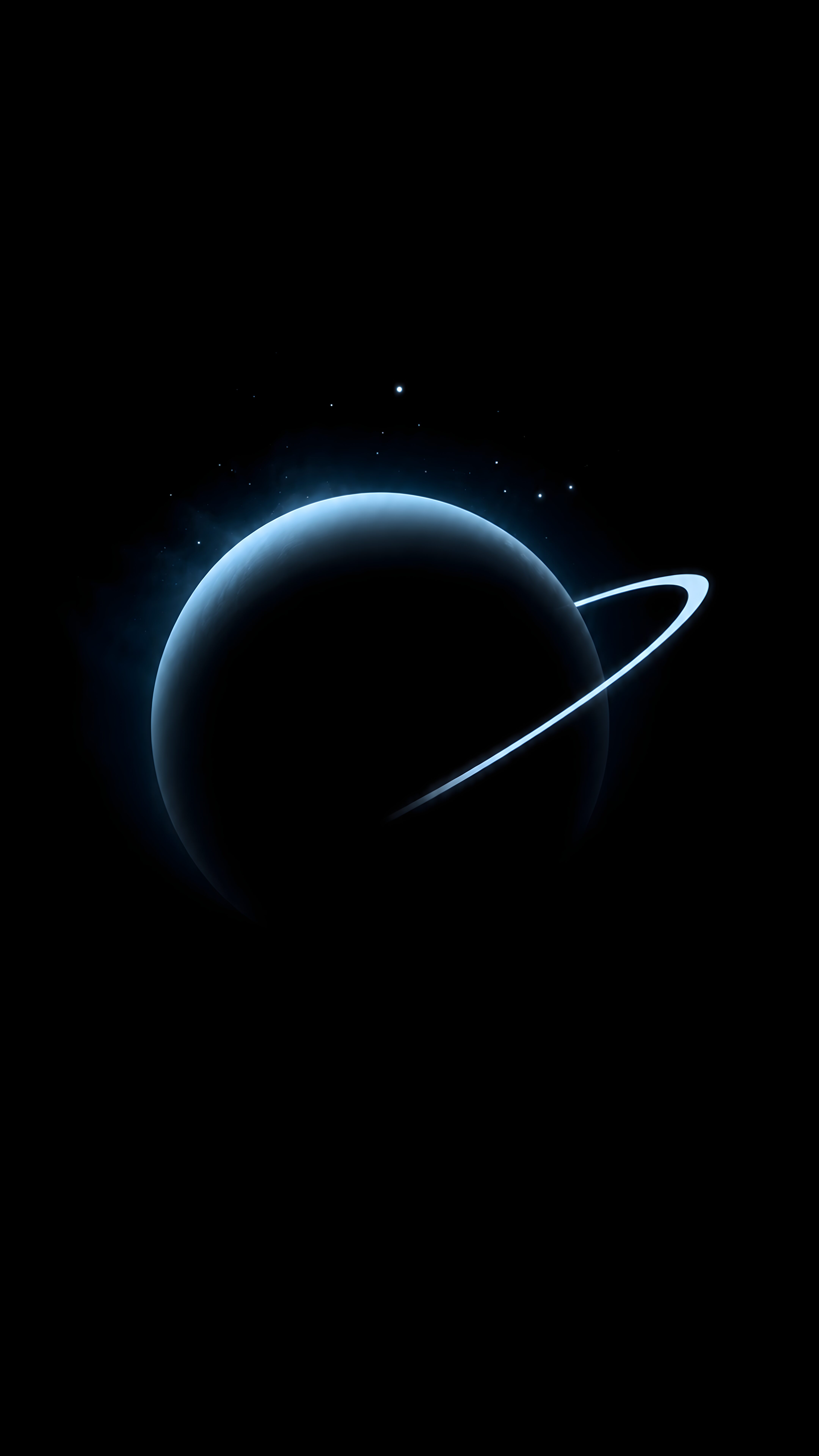 Dark minimalist mobile wallpaper showing a glowing blue ringed planet against a pitch black background.
