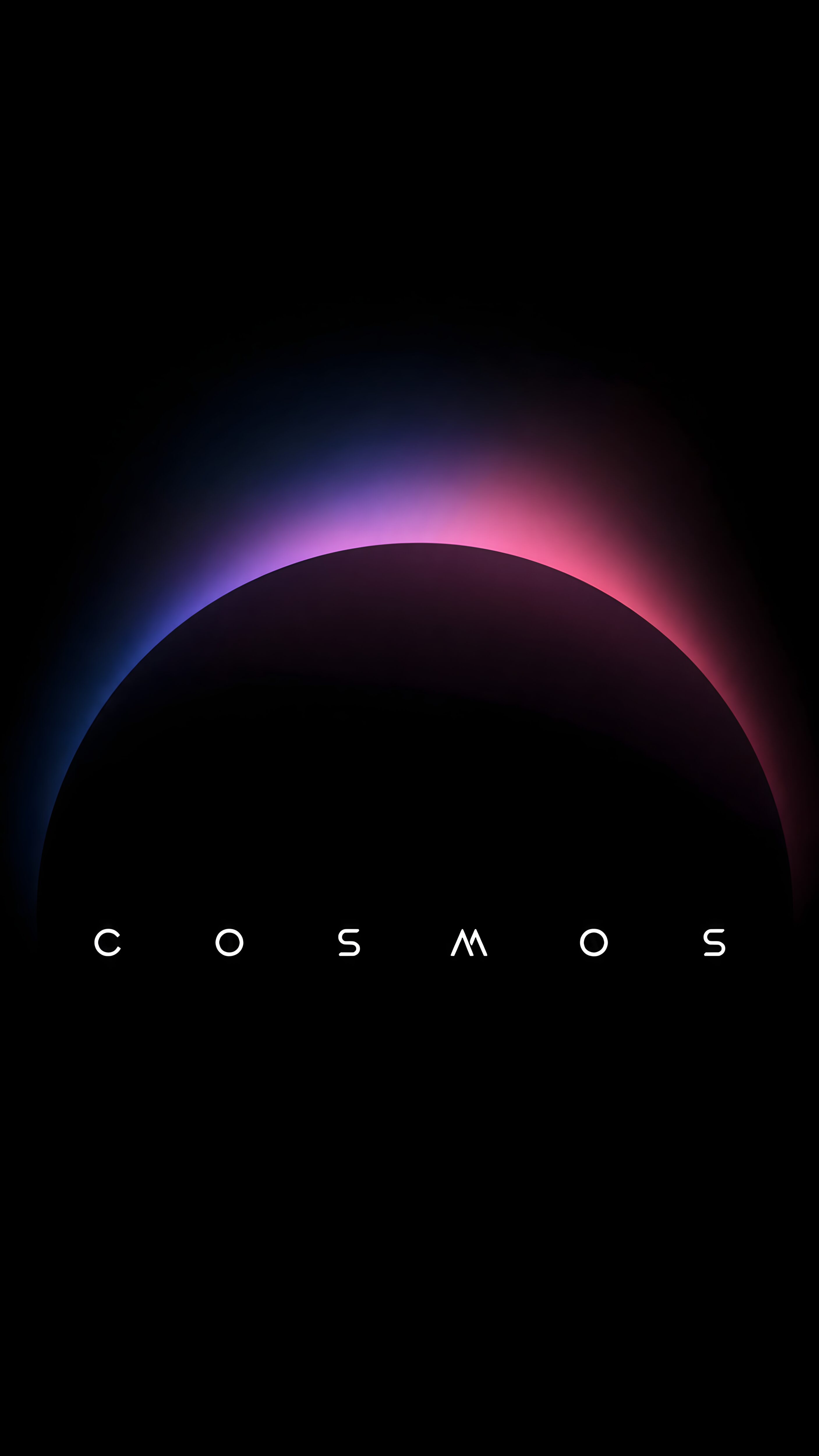 A minimalist dark background featuring a black planet silhouetted by glowing blue and pink neon lights with the word COSMOS spaced out at the bottom.
