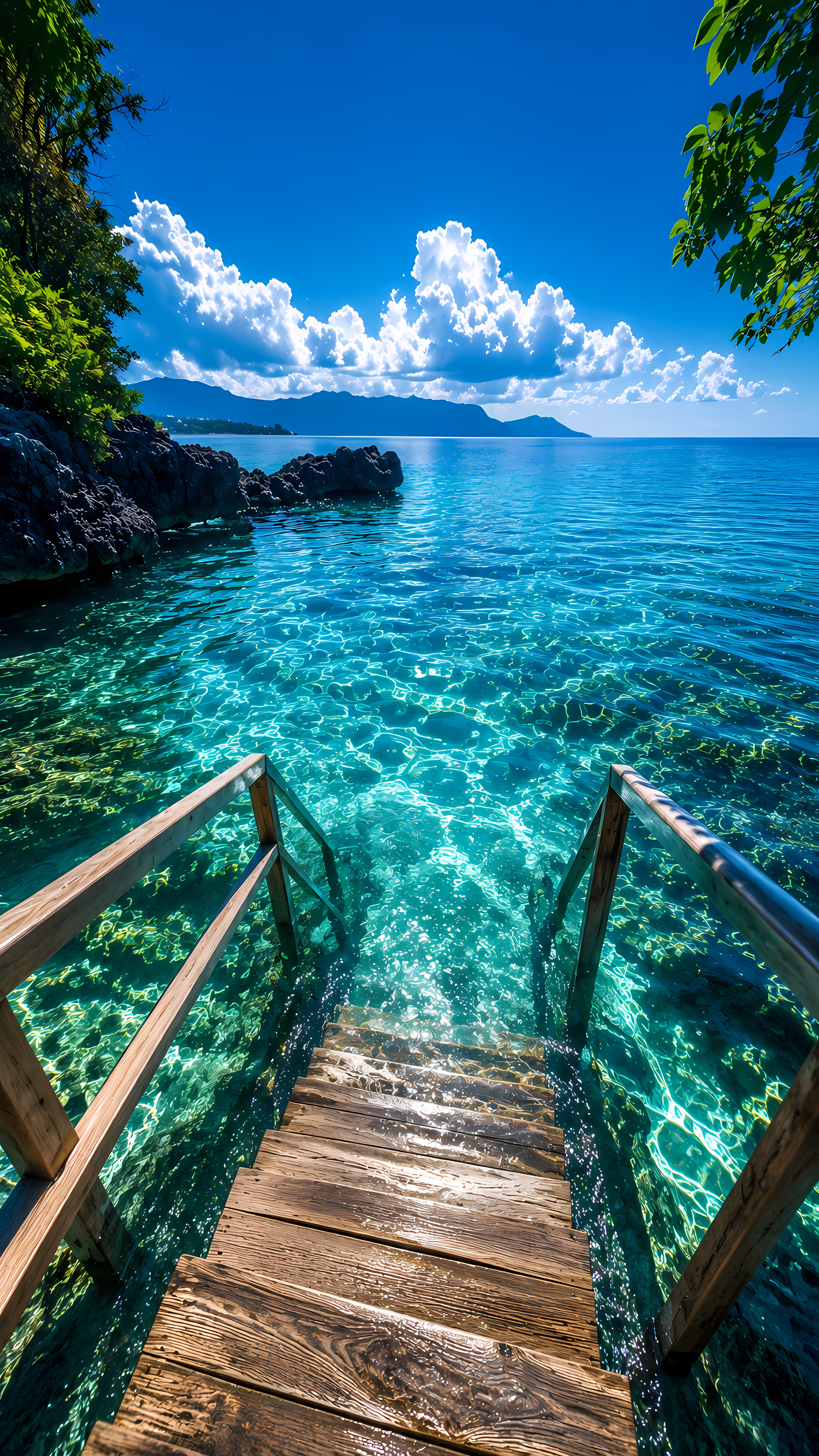 Wooden stairs leading down into transparent turquoise water with lush green trees and distant mountains under a bright blue cloudy sky.