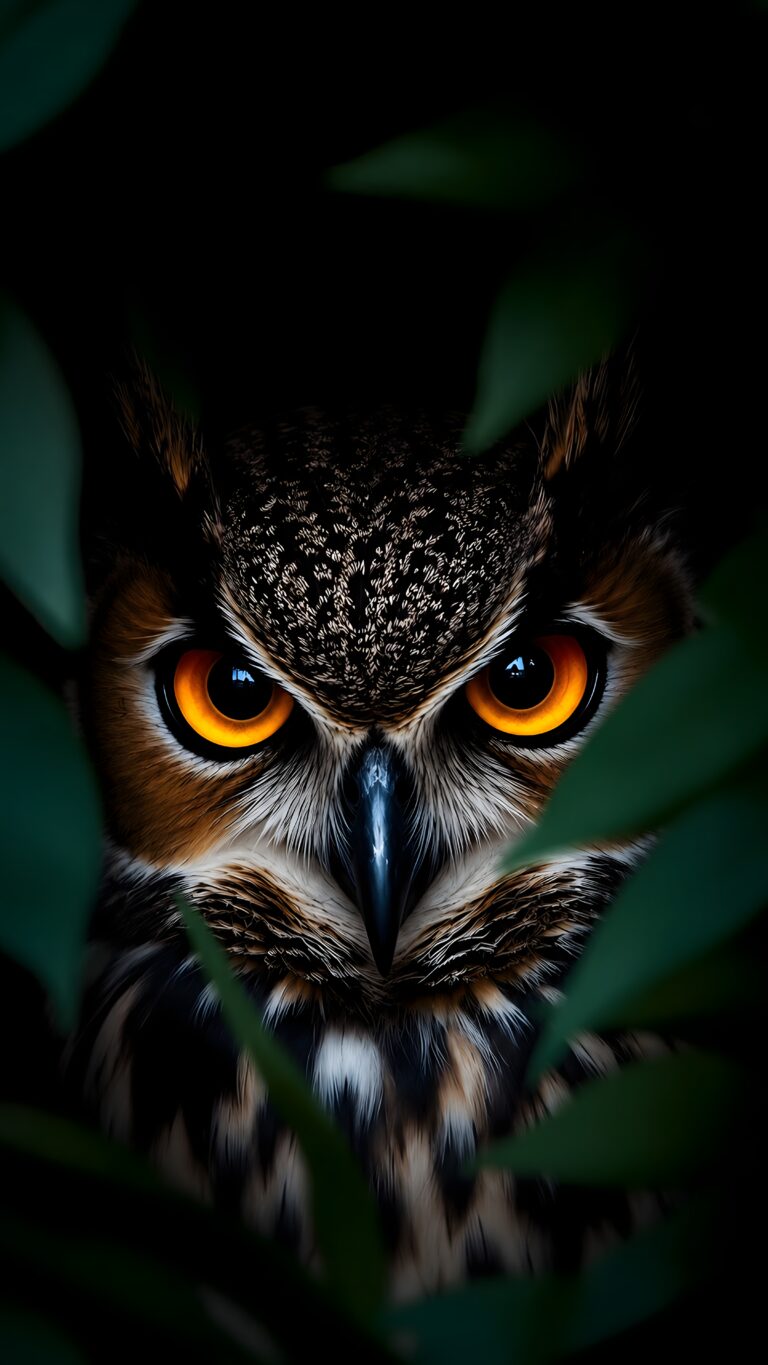 Dark Owl Wallpaper 4K featuring a sharp macro shot of an owl with glowing orange eyes hiding in dark leaves