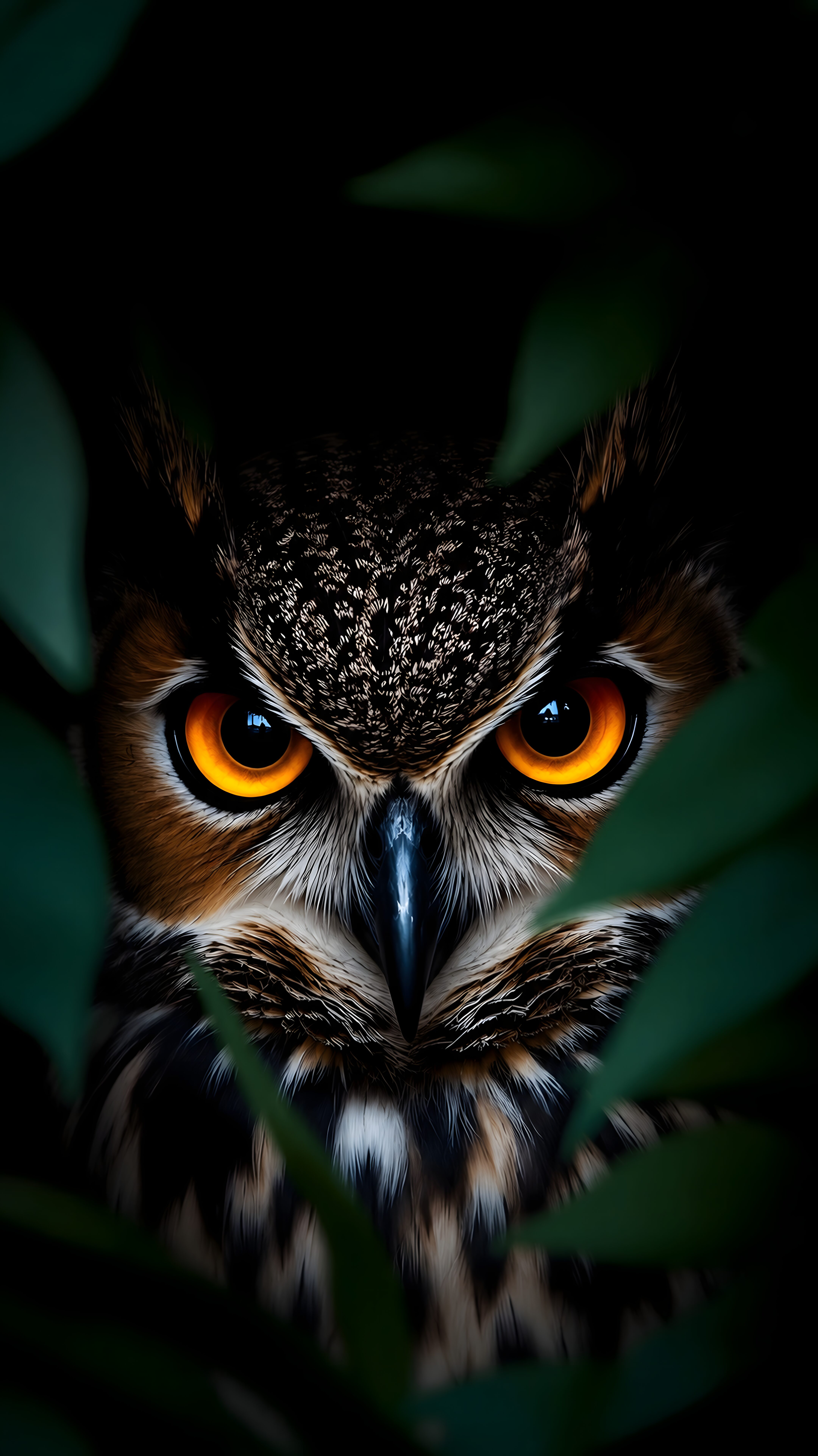 Dark Owl Wallpaper 4K featuring a sharp macro shot of an owl with glowing orange eyes hiding in dark leaves