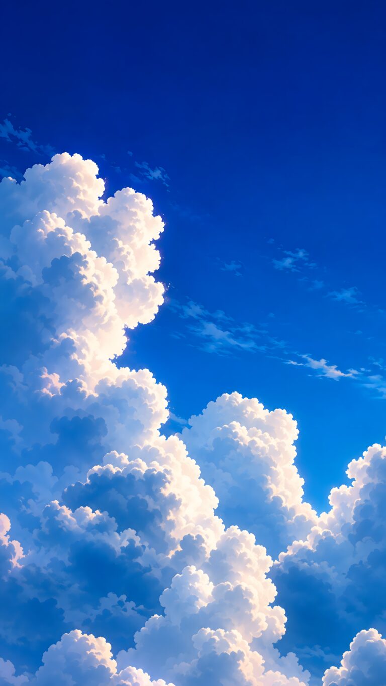 Towering fluffy white clouds set against a deep blue sky, illustrated in a clean, detailed anime art style.