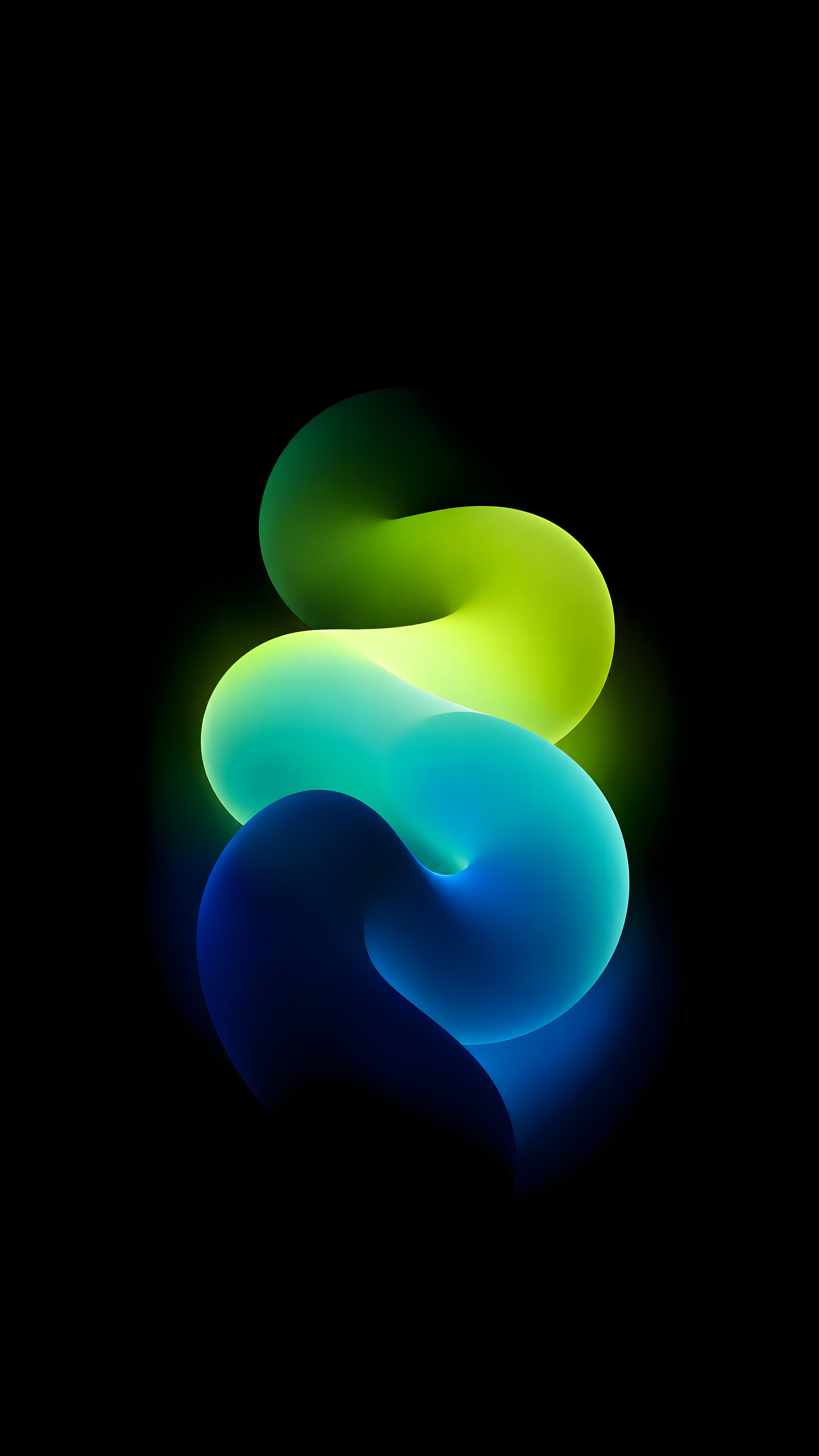 A twisting 3D fluid shape glowing in smooth gradients of green, yellow, and blue against a pure black background.