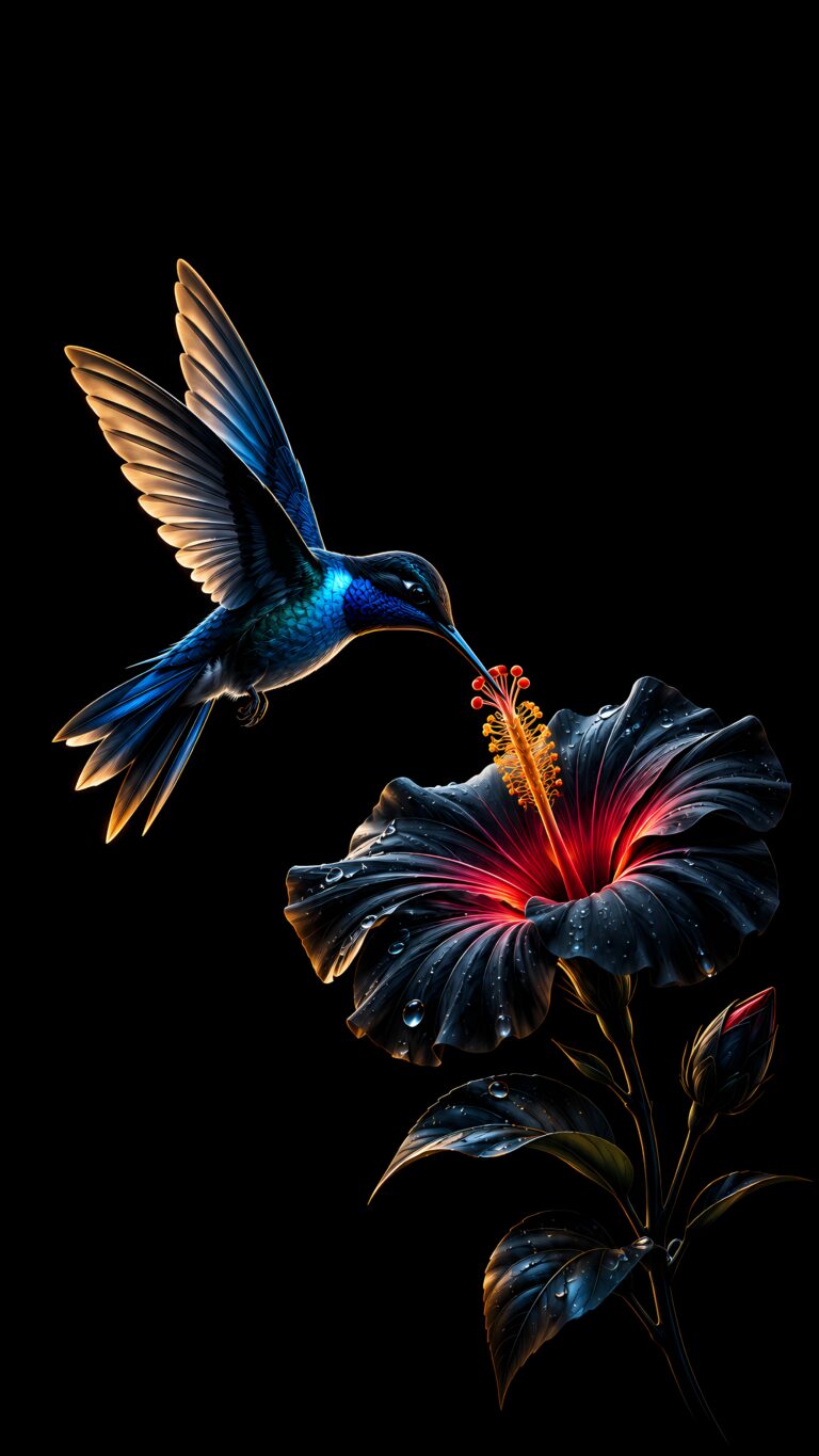 A detailed blue hummingbird hovering over a dark petal flower with a glowing red core against a pure black background.