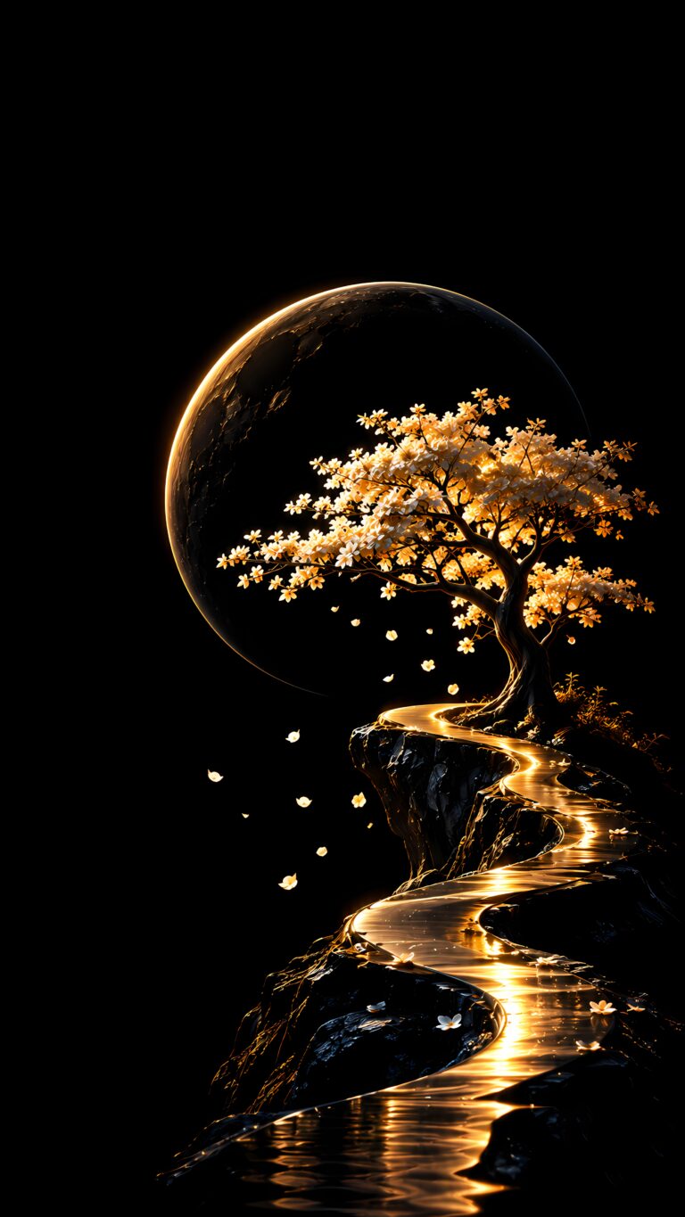 Golden Moon Tree AMOLED Wallpaper featuring a glowing luminous tree, a winding golden river, and a giant moon against a pitch-black night sky.