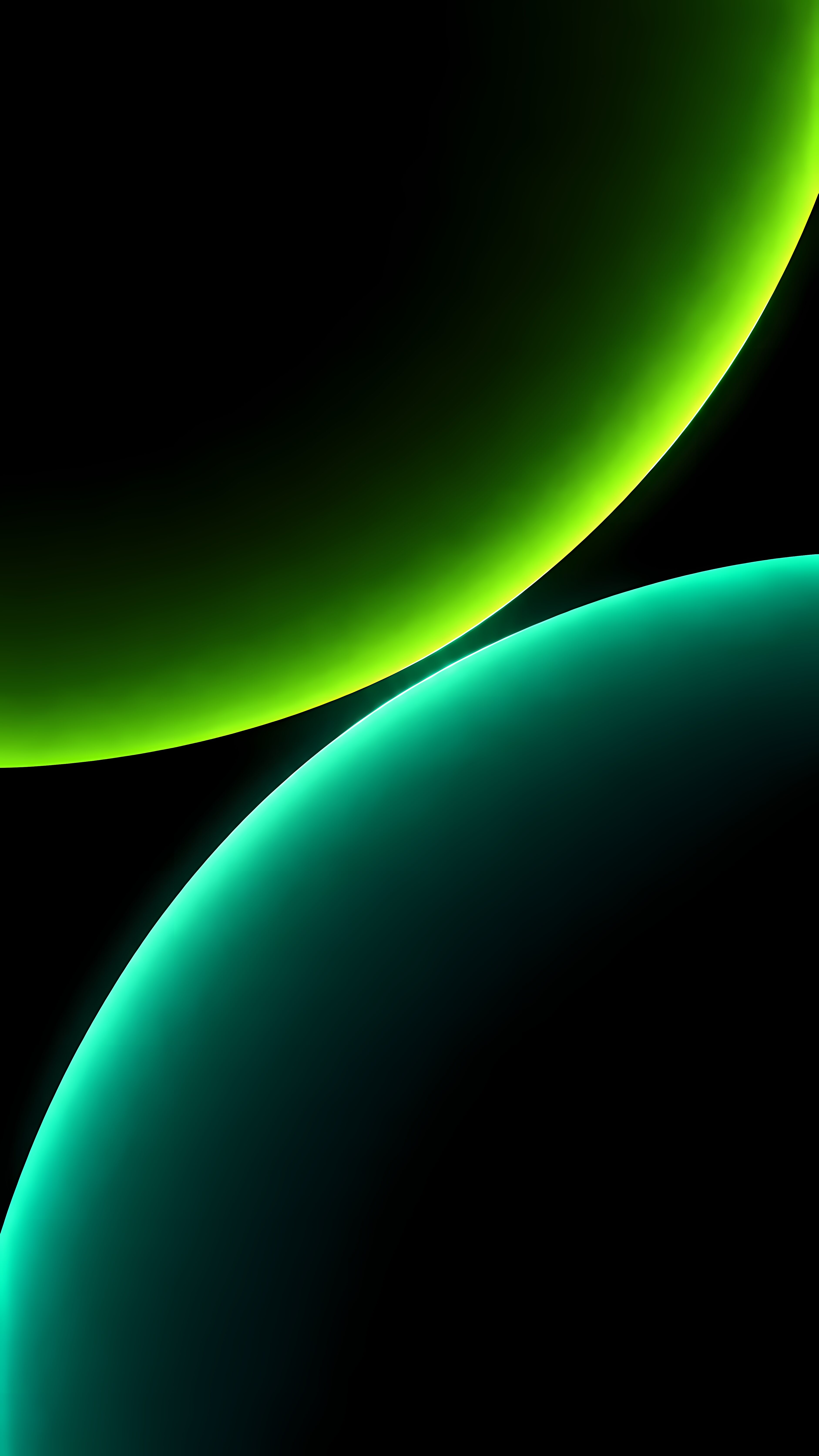 Green Abstract AMOLED Wallpaper showing smooth glowing curves against a pure black background.