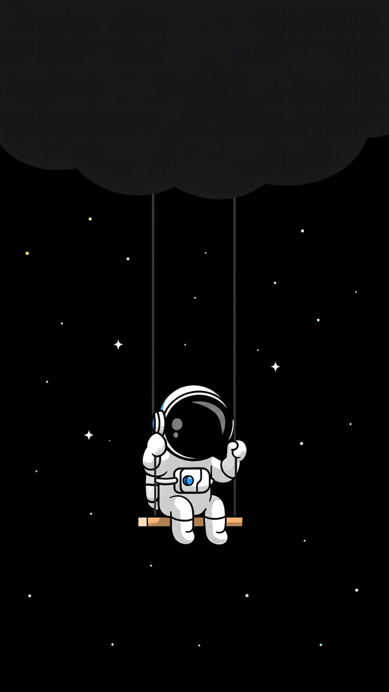 A cute astronaut sitting on a wooden swing suspended from a dark cloud against a starry black background.