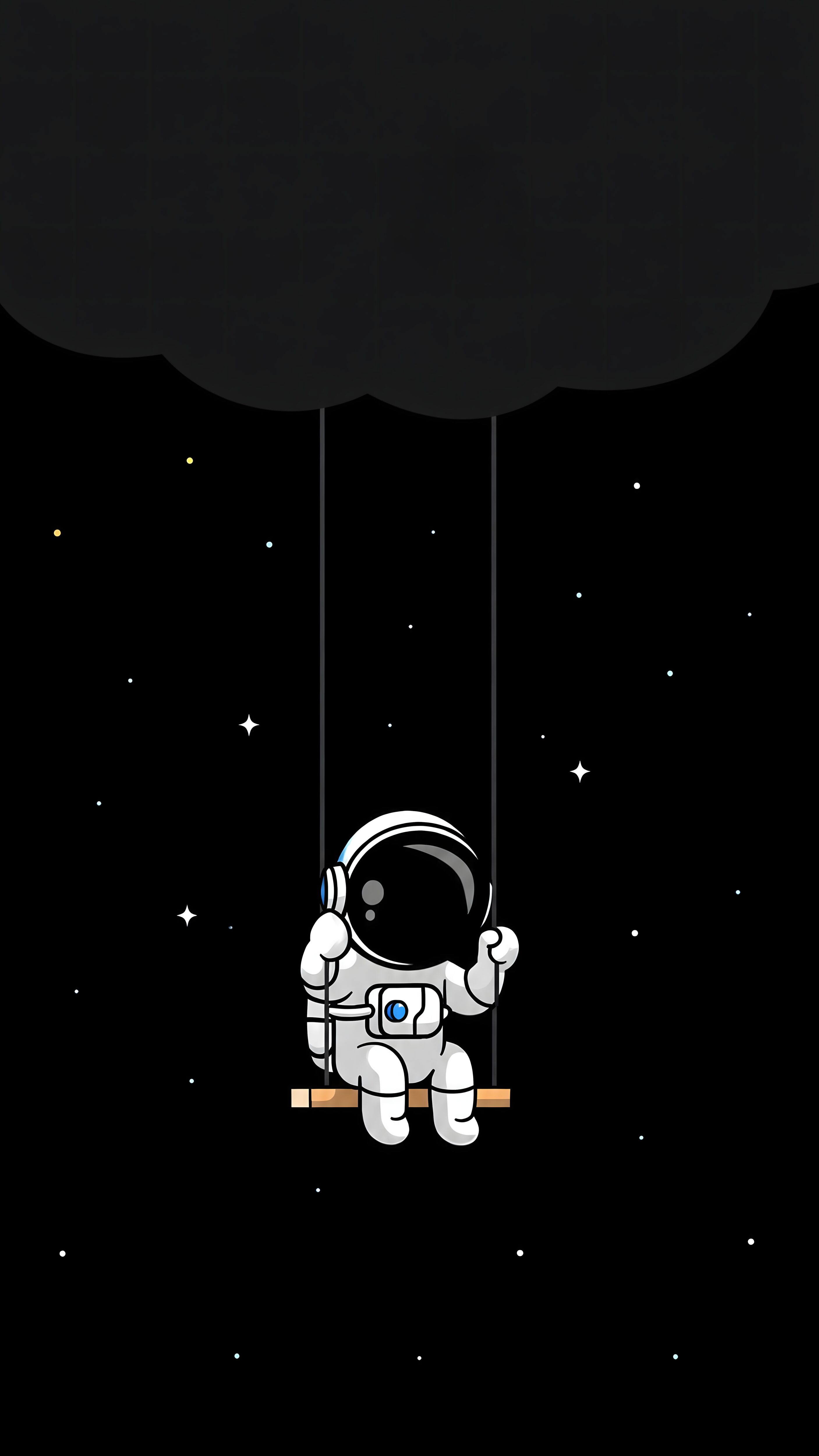 A cute astronaut sitting on a wooden swing suspended from a dark cloud against a starry black background.