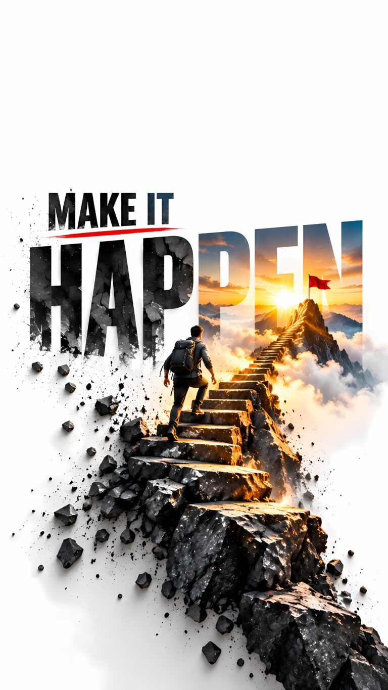A hiker climbs a rugged stone staircase toward a glowing sun and a red flag beneath the words Make It Happen.