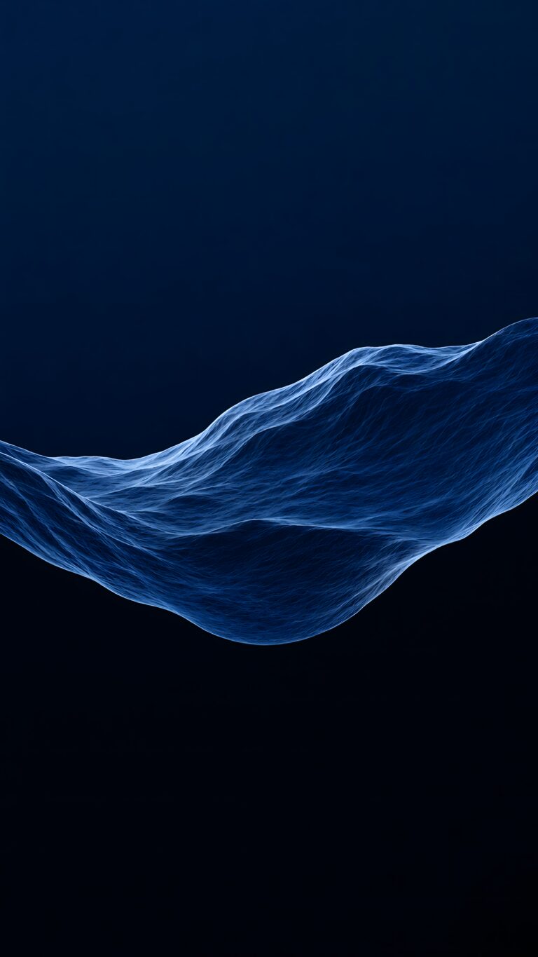 A vertical 4k mobile wallpaper featuring a textured, flowing deep blue wave against a pitch black background.
