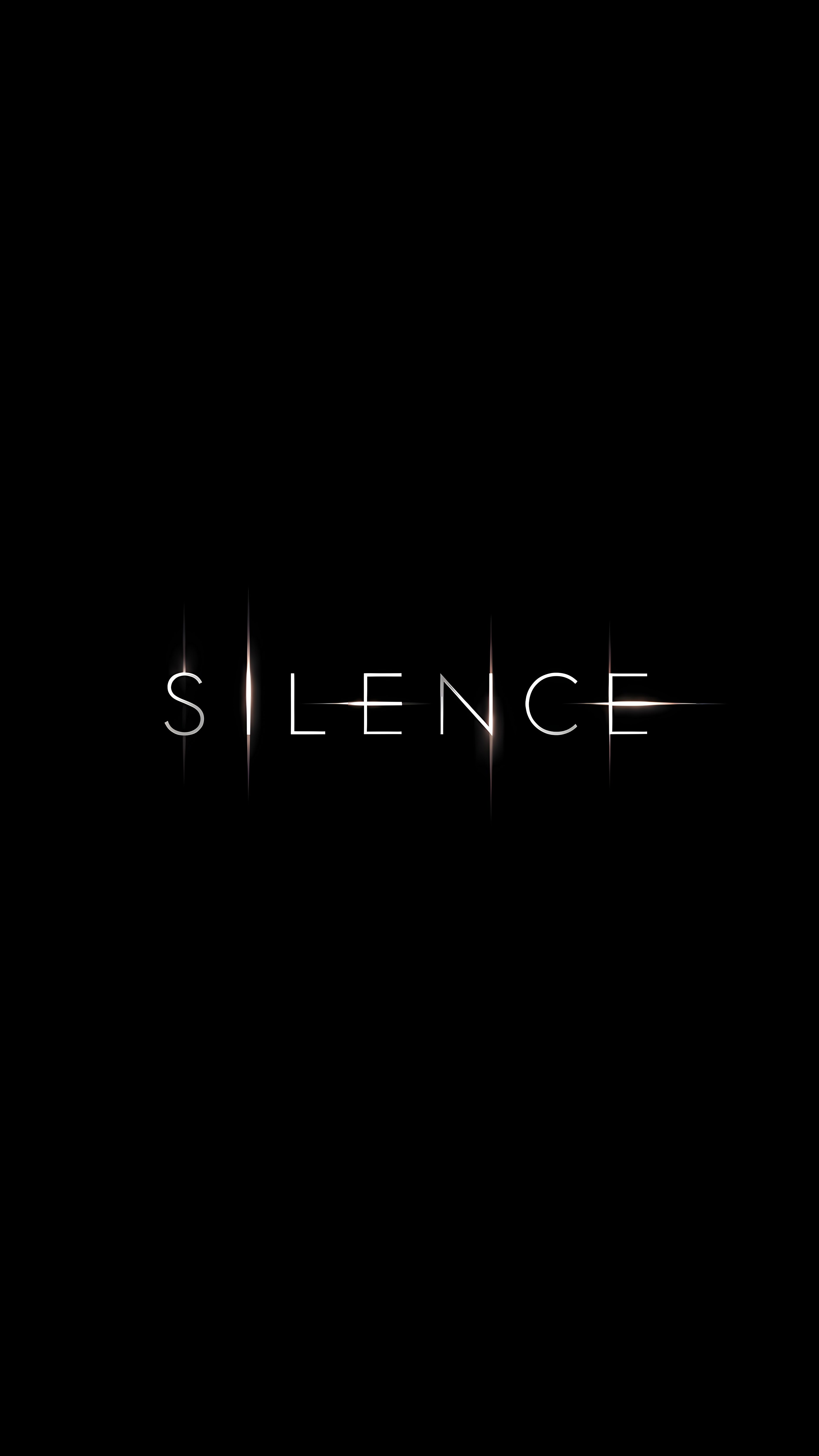 Dark Aesthetic Mobile Wallpaper featuring the word silence in glowing typography against a pure black background.