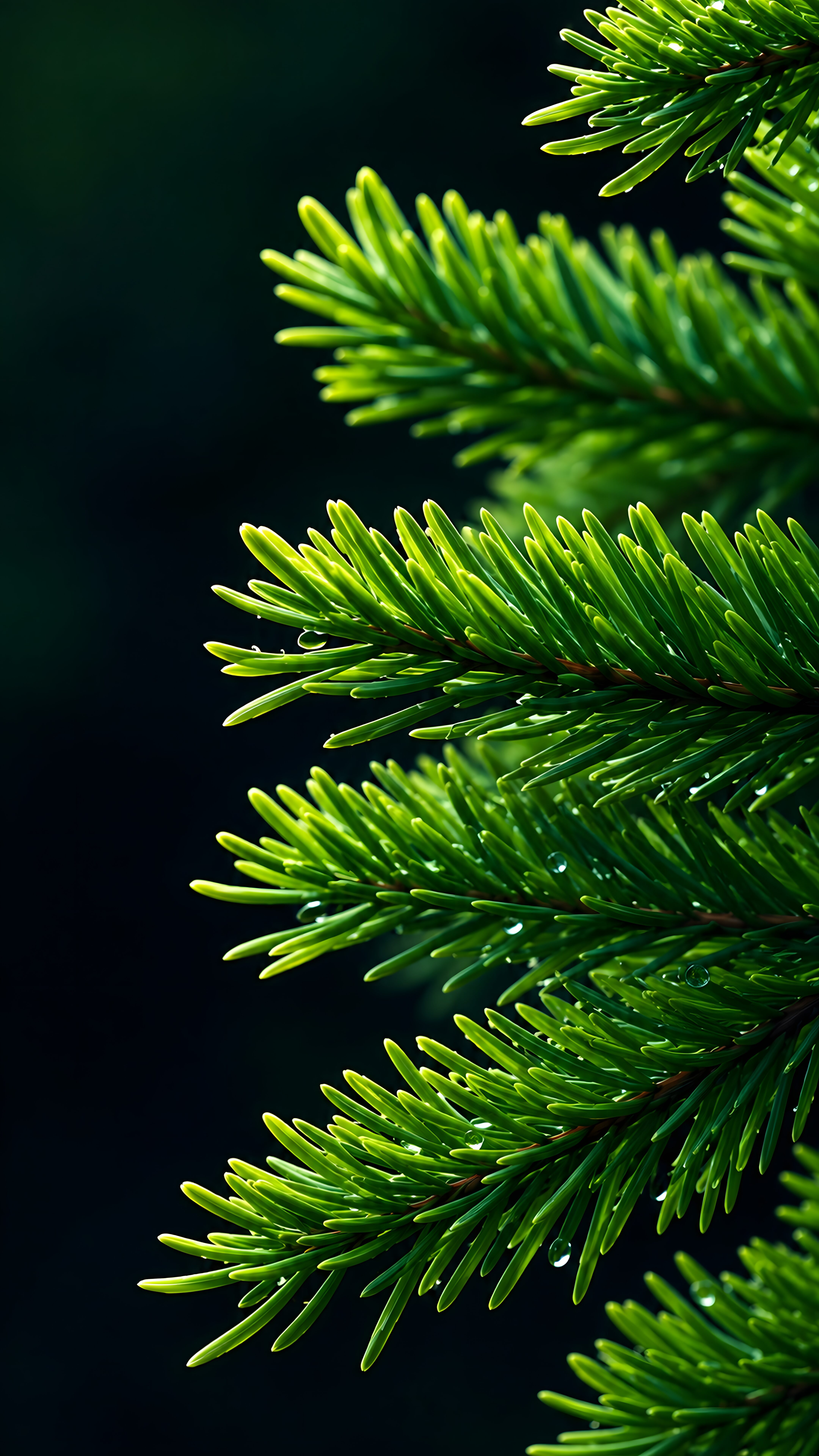 Close up macro shot of bright green pine needles with fresh water droplets against a pitch-black background.