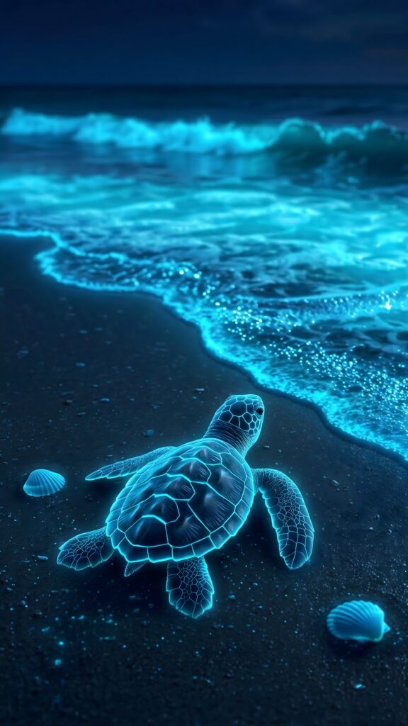 Neon Glowing Turtle - Bioluminescent Ocean Aesthetic - 4k Mobile Wallpapers