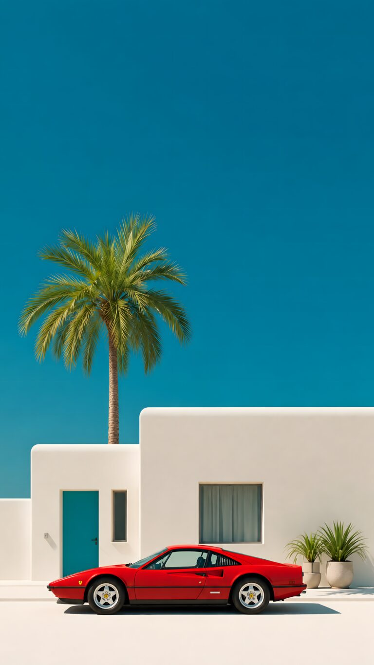 A classic red sports car parked on a white surface in front of a minimalist white building with a bright teal door and a single tall palm tree against a clear blue sky.