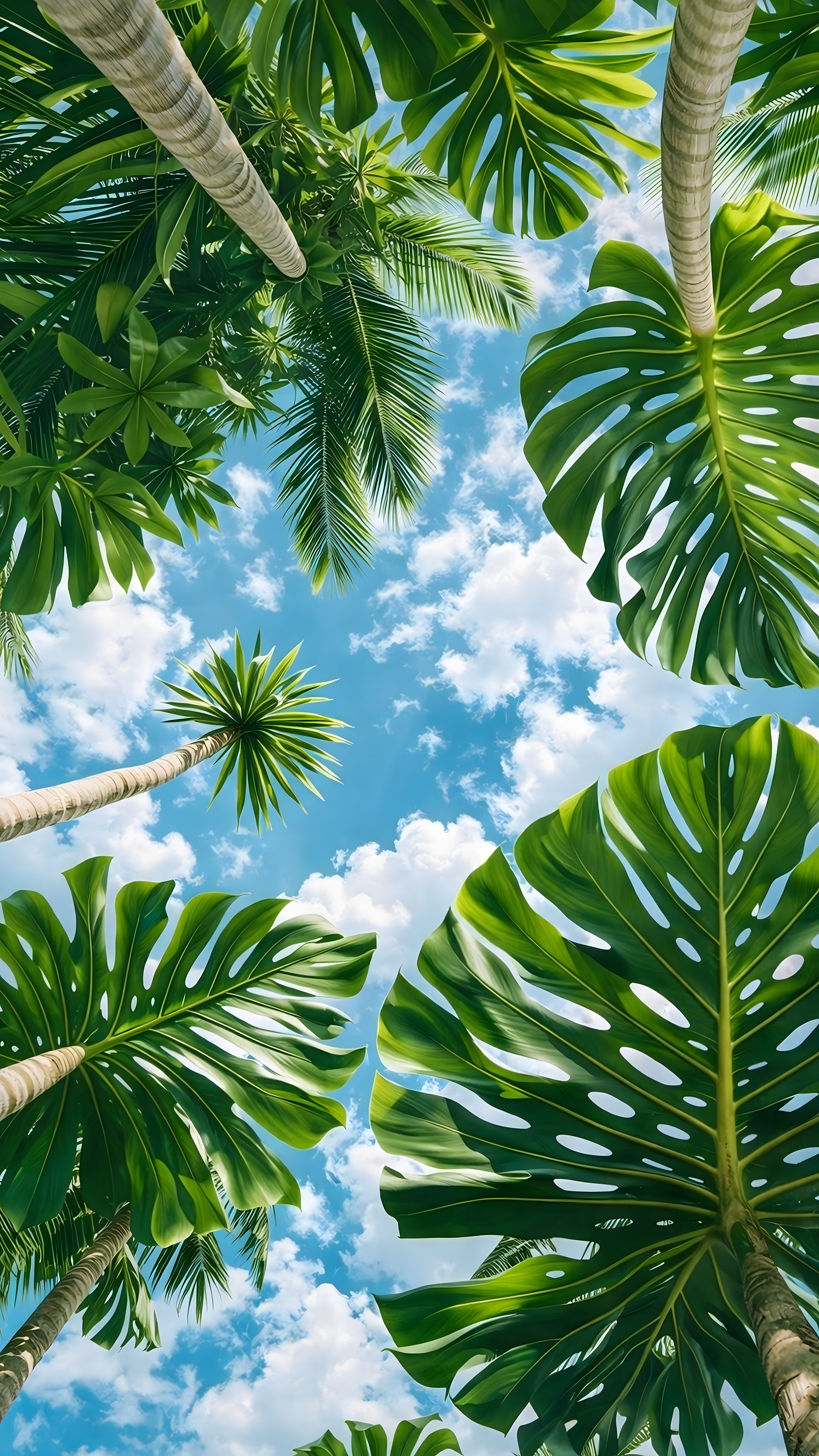 Tropical Nature Mobile Wallpaper featuring large green monstera and palm leaves looking up at a bright blue cloudy sky.